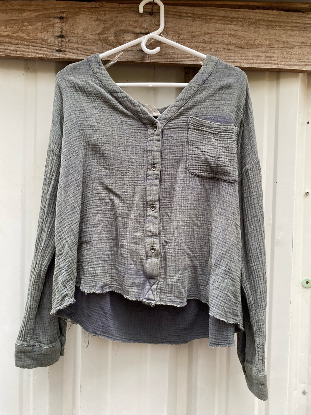Green Gauze Button-Up Top| Long Sleeve with Pocket & Frayed Hem| Size L
